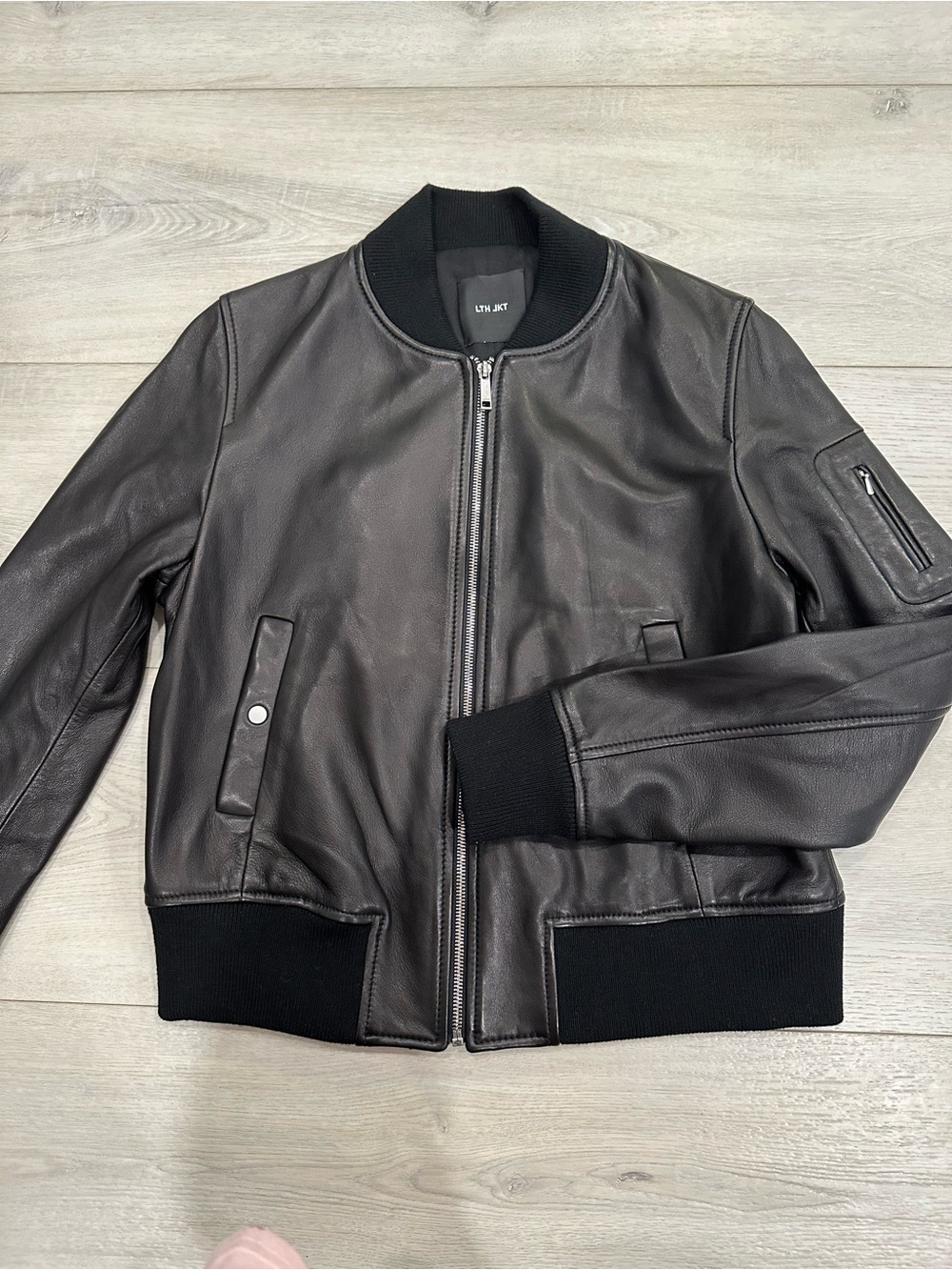 LTH JKT Black Leather Bomber Jacket Wool Trim L